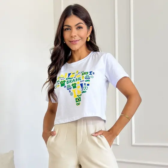 Cropped Brasil Feminino Camiseta Blusinha 100% Algodão Tecido Premium Moda Verão