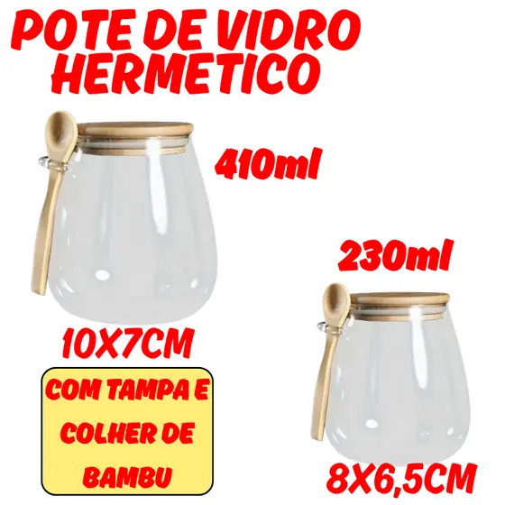 Kit 2 Potes Hermeticos Vidro 410ML 230ml Armazenar Tampa Colher Bambu Vedação