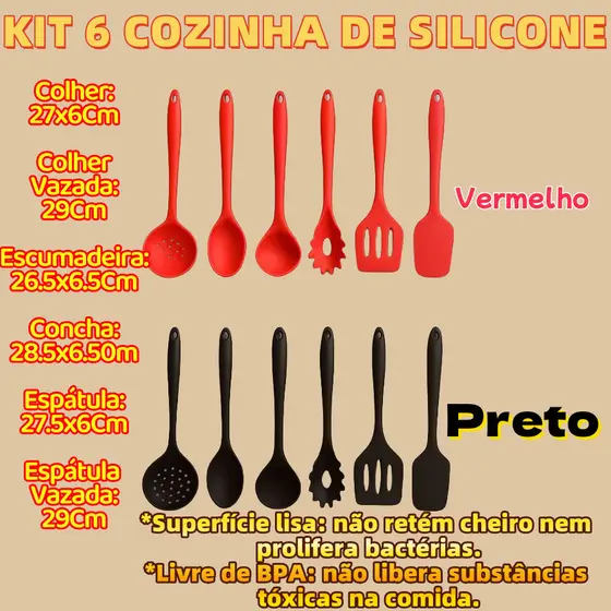 Kit 6 Peças De Silicone Concha Espátula Escumadeira Colher Vazada Preto Ou Vermelho Para Cozinha