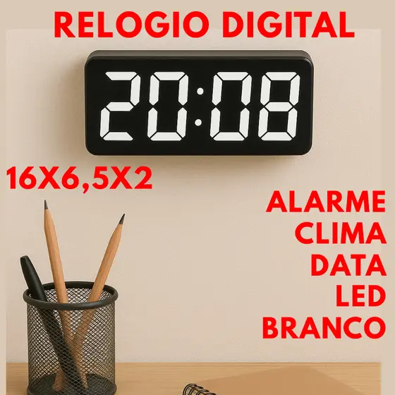 Relogio De Led Digital 16X6,5X2 Leds Brancos Para Mesa Alarme Data Temperatura