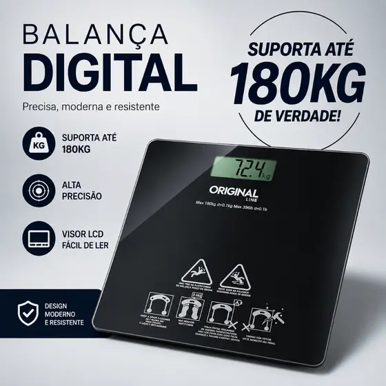 Balança Digital 26cm Visor LCD Suporta Ate 180KG Vidro Desligamento Automatico Academia