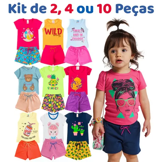 Kit de 2, 4 ou 10 Peças Roupa Infantil Menina Verão Conjunto Feminino Criança Top Pronta Entrega