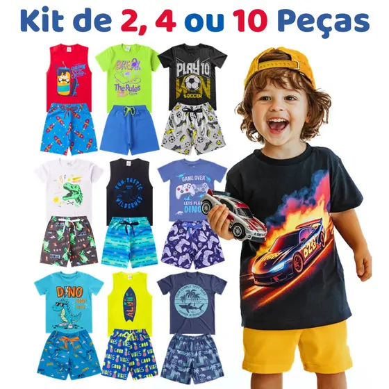 Kit de 2, 4 ou 10 Peças Roupa Infantil Menino Verão Premium 1 ao 14  Conjunto Masculino Criança