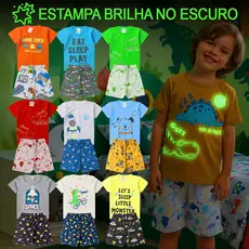 Kit 4, 6 ou 8 Peças Pijama Infantil Brilha no Escuro Menino Verão Roupa Infantil Masculino