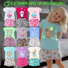 2, 6 ou 8 Peças Pijama Infantil Brilha no Escuro Menina Verão Roupa Infantil Feminina