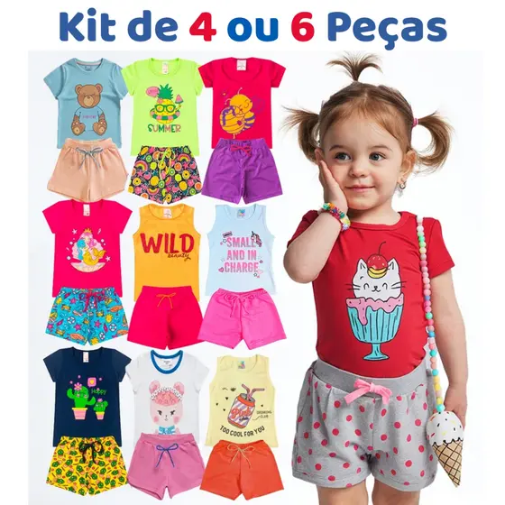 Kit de 4 ou 6 Peças Roupa Infantil Menina Verão 1 ao 14 Conjunto Feminino Criança