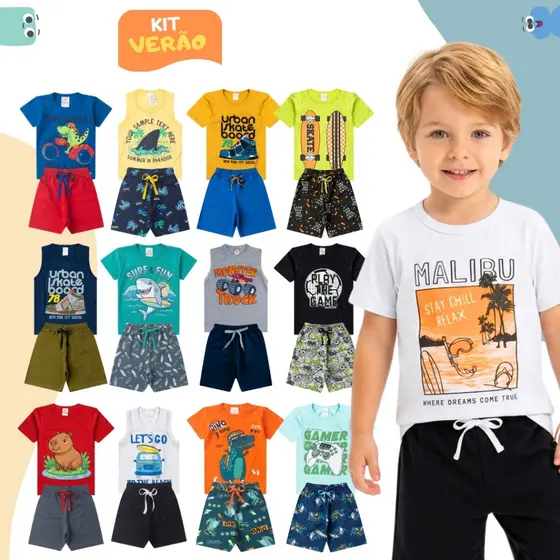 Kit Sortido 10 Peças Roupa Infantil Menino Algodão Verão Masculino 5 Camisetas + 5 Bermudas Tamanho 1 ao 14