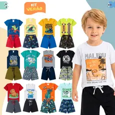 Kit Sortido 10 Peças Roupa Infantil Menino Algodão Verão Masculino 5 Camisetas + 5 Bermudas Tamanho 1 ao 14