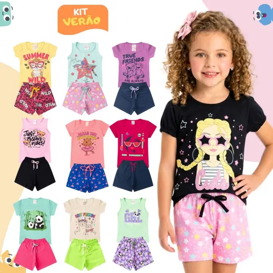 Kit 4 Peças Roupa Infantil Menina Verão Conjunto Criança Feminino Premium 2 Camisetas + 2 Shorts