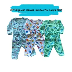 Kit 03 Pijama Manga Longa Bebê Masculino Infantil Menino P ao GG100% Algodão