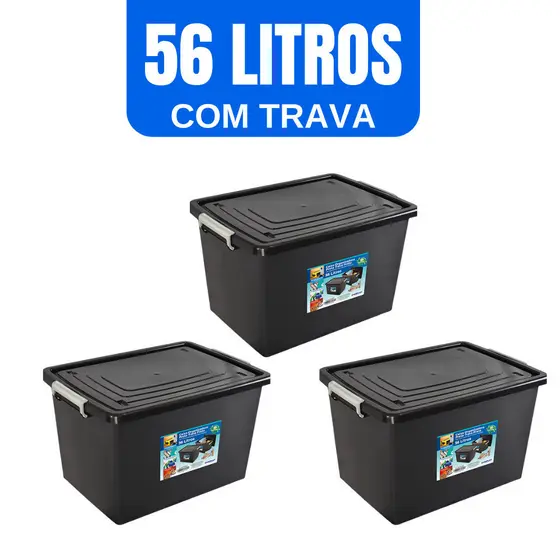 3 Caixas Organizadora Container Preta Com Tampa e Trava 56 Litros Cesto Organizador Preto Empilhável