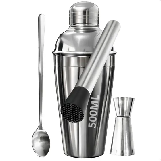 Kit Caipirinha 4 peças Inox Bartender Profissional - Coqueteleira 500ml, Socador, Dosador e Colher