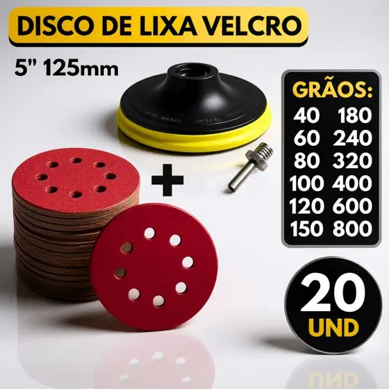Kit Base Suporte Disco 125mm + 20 Lixas 8 Furos Com Velcro 5" Furadeira Esmerilhadeira