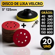 Kit Base Suporte Disco 125mm + 20 Lixas 8 Furos Com Velcro 5" Furadeira Esmerilhadeira