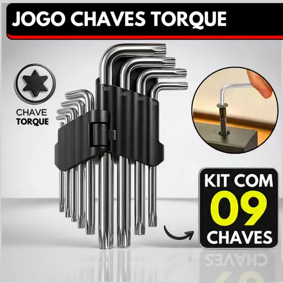 Jogo de Chave Torx Curta Kit com 9 Peças Torque T10 até T50