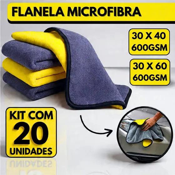 Kit 20 Pano Flanela Microfibra Automotiva 600GSM Premium Para Lavagem polimento de Carro
