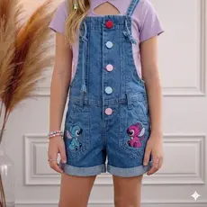 JARDINEIRA JEANS INFANTIL E JUVENIL DO STICH ROUPA DE MININA BLOGUEIRINHA MODA PERSONAGEM FESTA