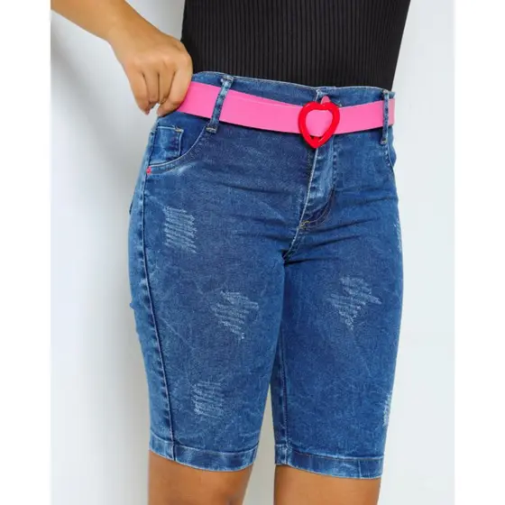 Shorts Jeans Meia Coxa Infantil e Juvenil Pedal Menina Moda Blogueirinha Cintura Alta Rasgadinho