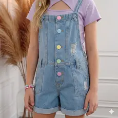 Jardineira Jeans Infantil e juvenil-Feminina Botão Colorido roupa infantil menina