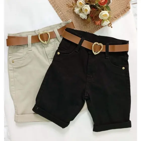 Shorts Infantil Feminino Meia Coxa em Sarja com Cinto Courino Fivela Coração – Tamanhos 8 ao 16