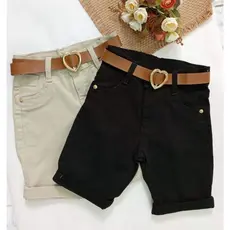Shorts Infantil Feminino Meia Coxa em Sarja com Cinto Courino Fivela Coração – Tamanhos 8 ao 16