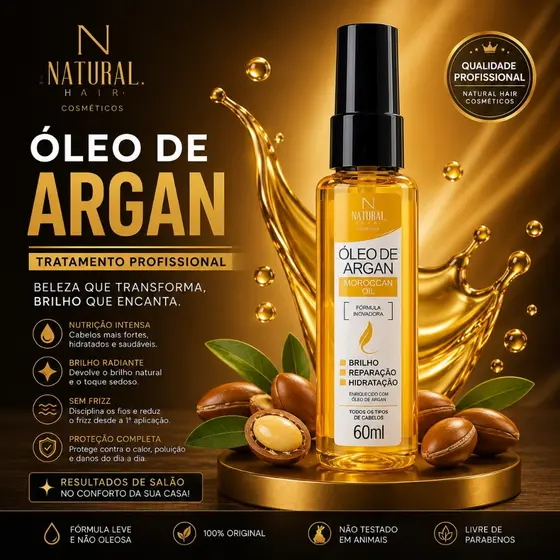 Reparador Óleo de Argan Profissional 60ml Reparação Imediata, Brilho Intenso e Nutrição dos Fios