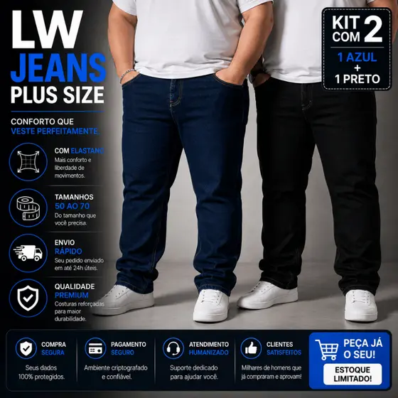 kit 2 Calça Jeans Masculina Plus Size Elastano Confortável Premium 50 ao 70
