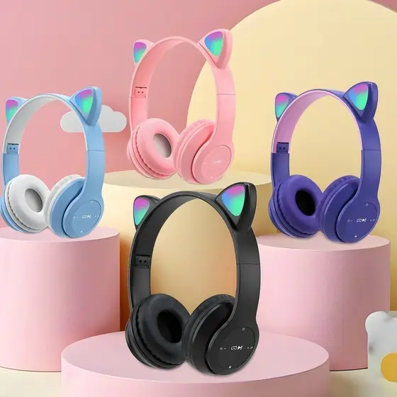 Fones de ouvido de gato com LED sem fio Bluetooth para gatinhos yihan