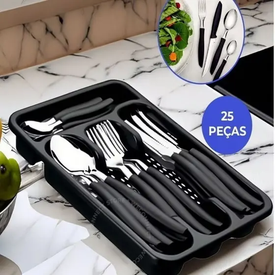 Faqueiro Inox 25 Peças com Porta Talheres Jogo de Talheres Aço Inox Completo Resistente Elegante Cozinha Mesa Posta
