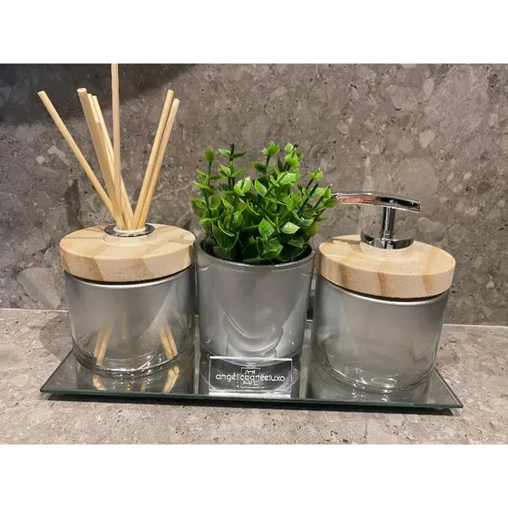 Kit Lavabo Luxo Picolo Prata Brilho Madeira