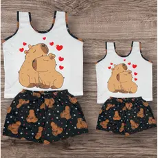 Kit 1 Pijama Mãe + 1 Pijama Filha Regata da Capivara Short Dool Adulto Infantil Tal Mae Tal Filha Baby Dool