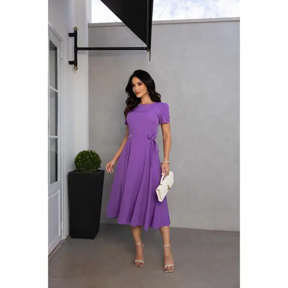Vestido Feminino Maxi Midi Elegante Modesto Liso Decote Canoa Confortável Casual Lorena