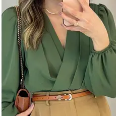 Blusa Camisa Manga Longa Transpassada Conte V Feminino Elegante Elástico no Punho Tendência.