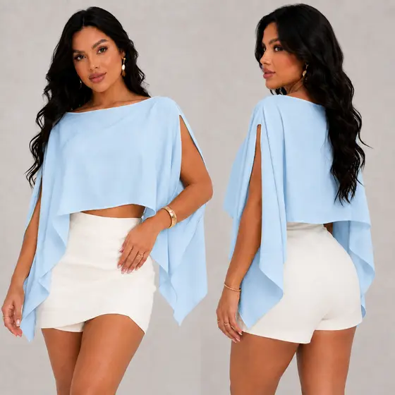 Blusa Cropped Capa Ampla Ombro Caído Boho Blusa do Momento Tendência Outono 2025.