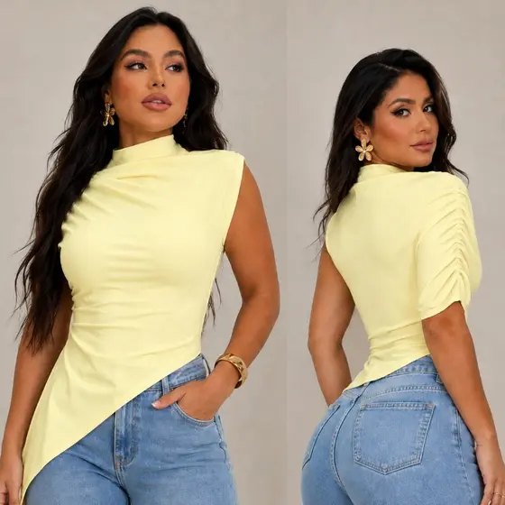 Blusa Básica Elegante Formal Assimétrica LIZ Com Gola Alta Dia a Dia Festas Confortável Tendência.