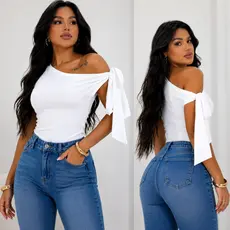 Blusa Regata Feminina Assimétrica Ombro Amarração em Nó Laço Tecido Suplex Moda Verão.