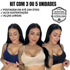 Kit 5 ou 3 Sutiã Reforçado Sustentação Sem Bojo Sem Aro Alça Larga Confortável