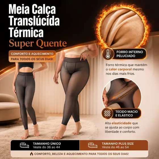 Meia Calça Térmica Forrada Peluciada Translúcida Do P ao Plus Size Alta Elasticidade  Quente Inverno Dia Dos Namorados
