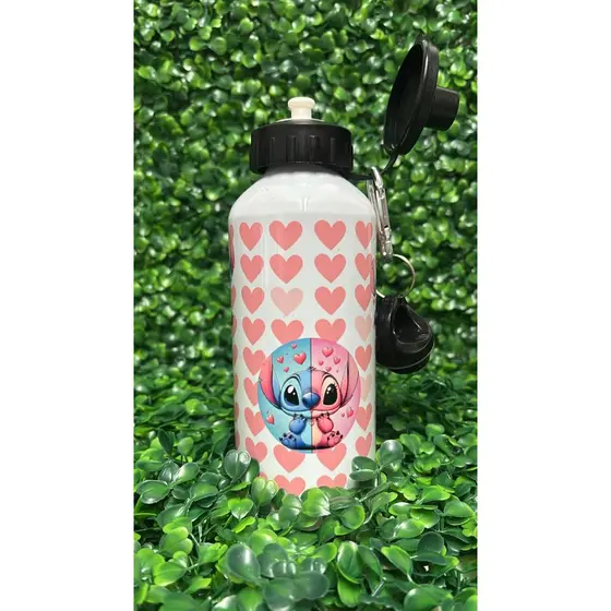 Garrafa Personalizada Stitch e Angel com Nome 600ml Alumínio Squeeze Cantil Disney Escolar Infantil