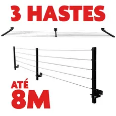 Varal De Parede Articulado Dobravel Retratil Aluminio 3 Hastes 80 Kg ATÉ 8 METROS
