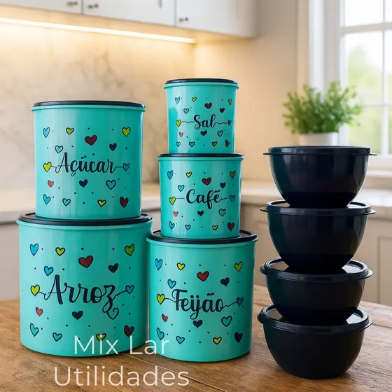 Kit de potes mantimentos cozinha com 5 peças de plástico + 4 potes redondos Boll