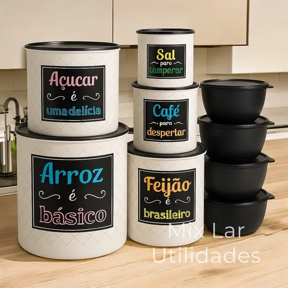 Kit de potes mantimentos para cozinha com 5 peças plástico + 4 potes para condimentos