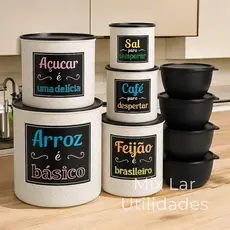 Kit de potes mantimentos para cozinha com 5 peças plástico + 4 potes para condimentos