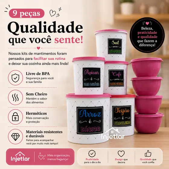 Kit com 5 potes de mantimentos decorados para cozinha + 4 potes boll