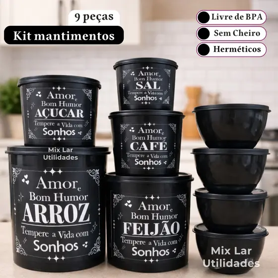 Kit organizadores de mantimentos com 9 potes para cozinha