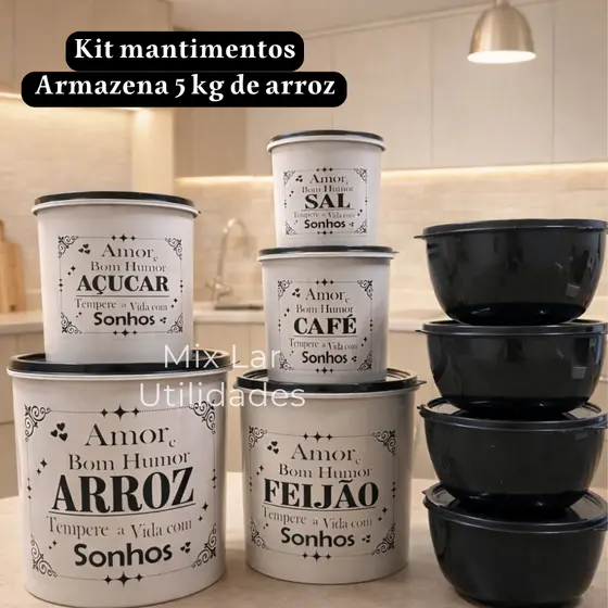 Kit com 9 potes para mantimentos de cozinha de plástico decorado
