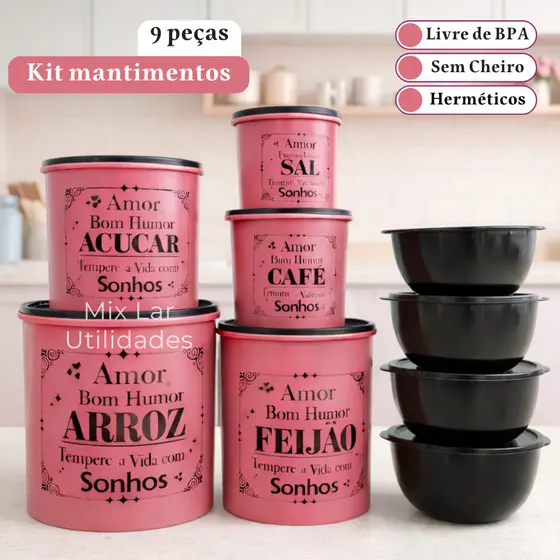 Kit Potes para Mantimentos Cozinha 9 Peças em Plástico Decorado