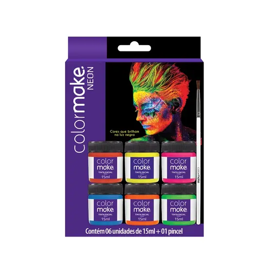 Kit tinta facial fluor neon - c/6 cores e pincel - Brilha na luz negra, maquiagem artística, festas, etc.