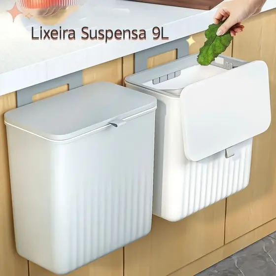 Lixeira Suspensa Multiuso 9L Com Tampa Retrátil Sem Furo Porta Armário Para Cozinha Banheiro