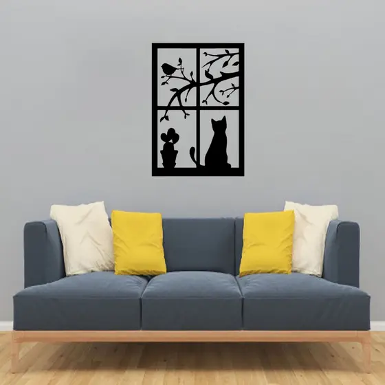 Quadro decorativo passaros e gato